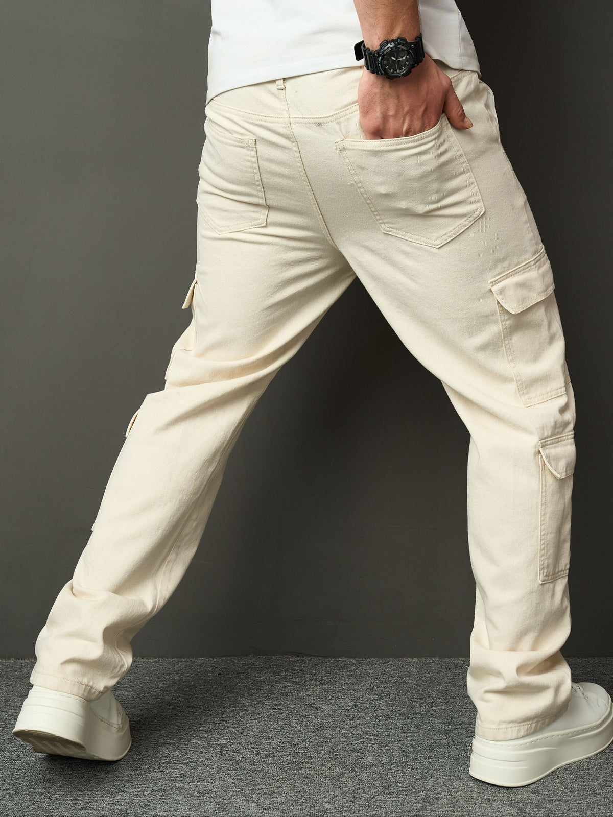 Pantalon cargo homme, coloris Crème, vue 4