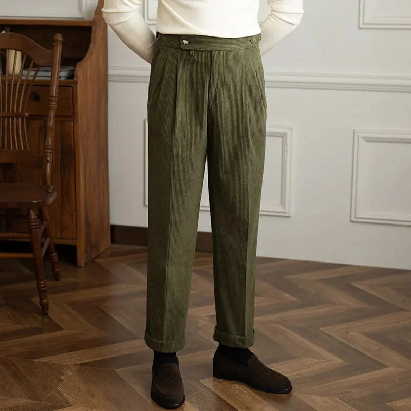 Pantalon homme plissé en velours côtelé, coloris Vert