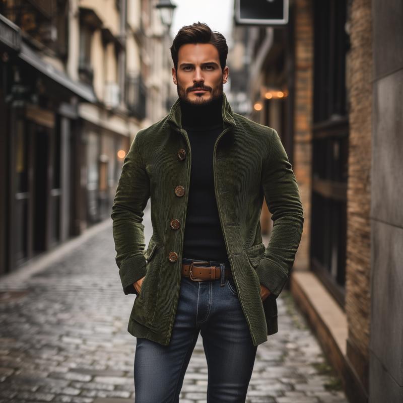 Manteau court ajusté en velours côtelé à col montant pour homme, vue 3