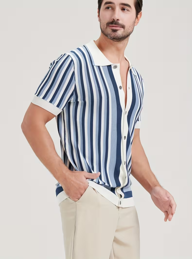 Polo homme maille tricotée rayée, coloris Bleu ciel