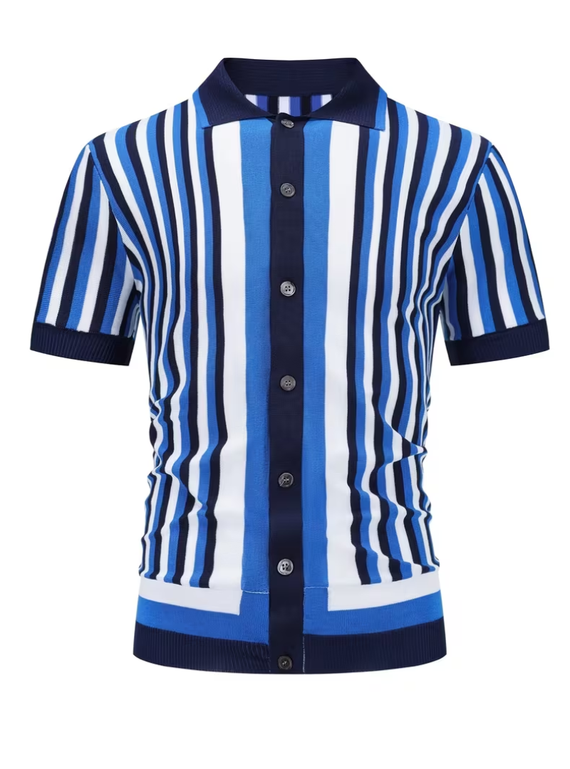 Polo homme maille tricotée rayée, coloris Bleu marine