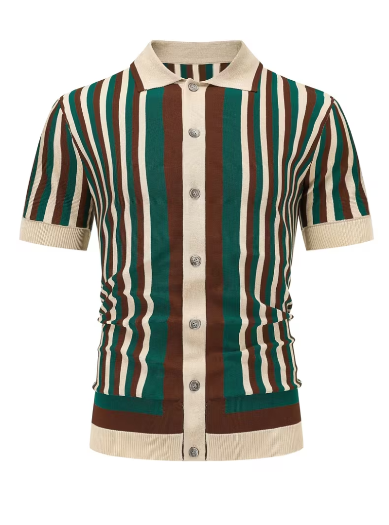Polo homme maille tricotée rayée, coloris Vert fonce