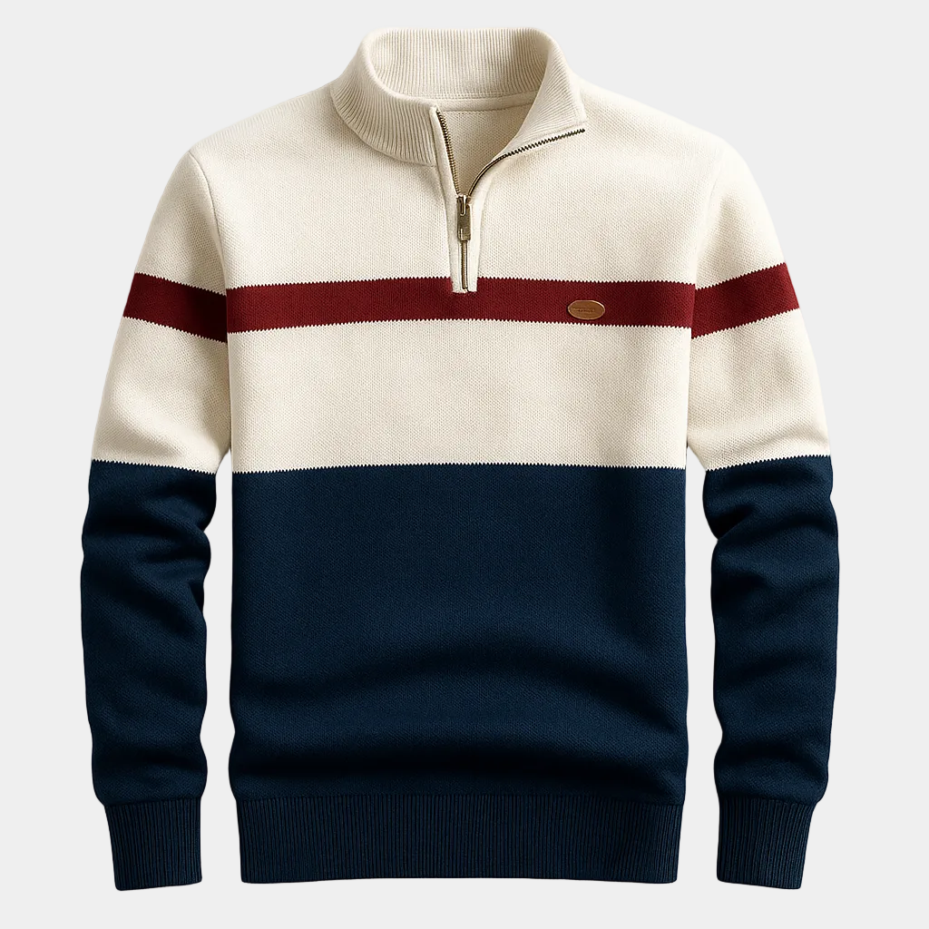 Pull homme demi-zip rayé, coloris Blanc