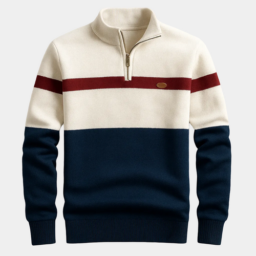Pull homme demi-zip rayé, coloris Blanc