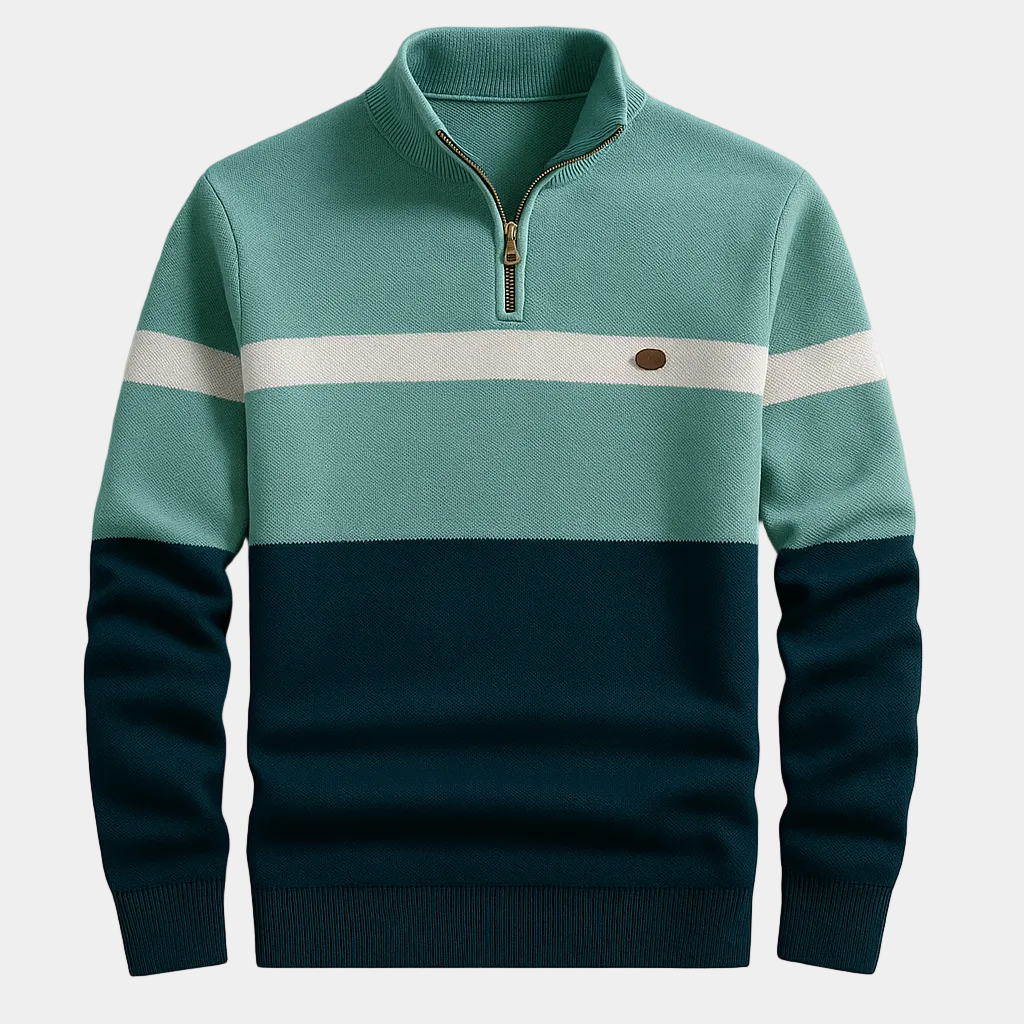 Pull homme demi-zip rayé, coloris Vert