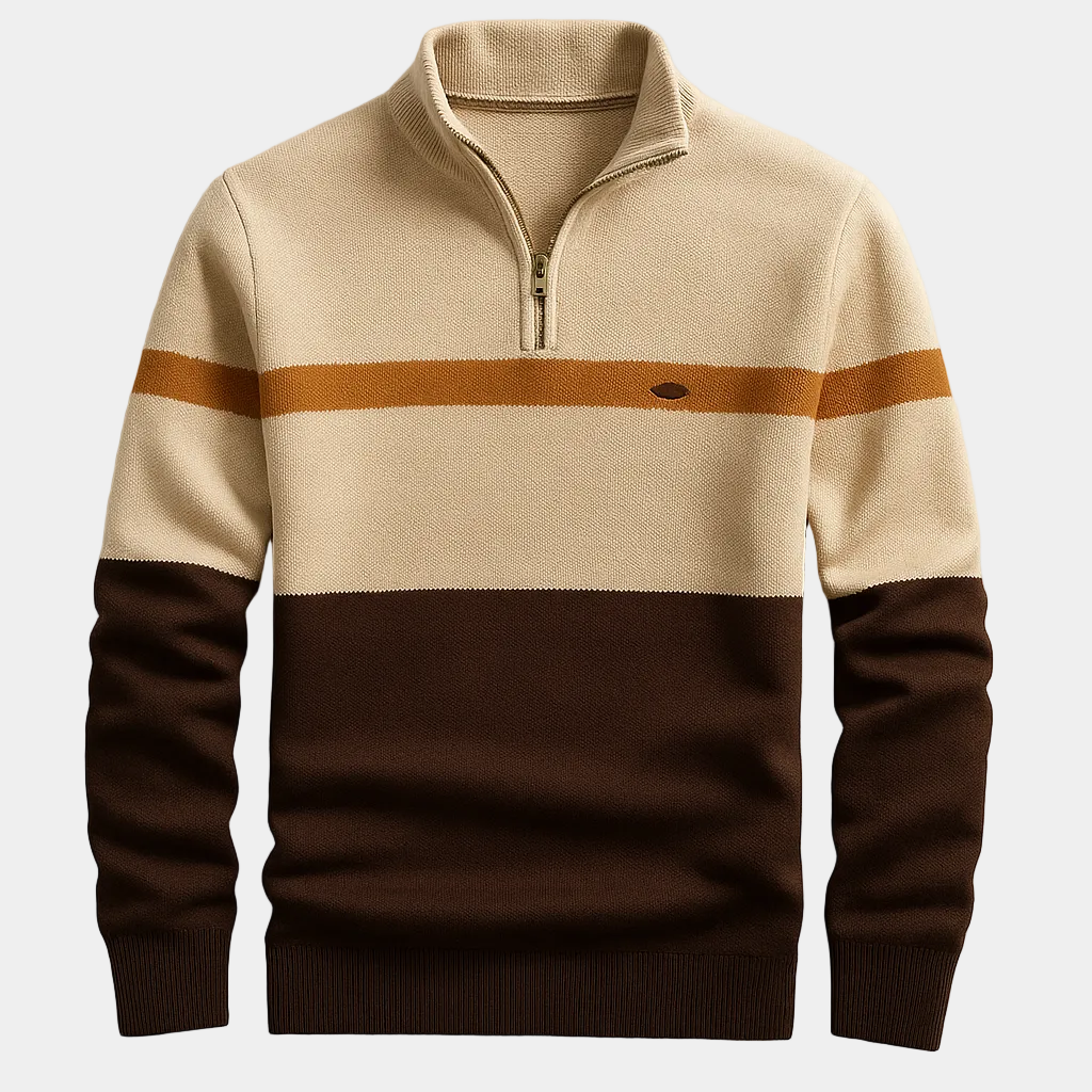 Pull homme demi-zip rayé, coloris Marron