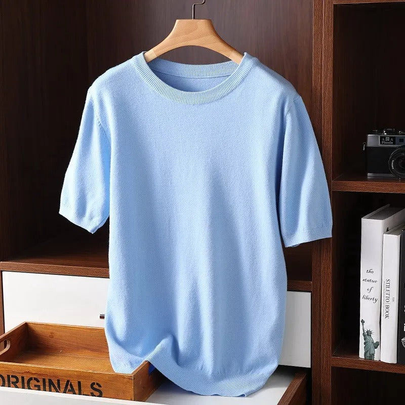 Pull homme col rond manches courtes, coloris Bleu