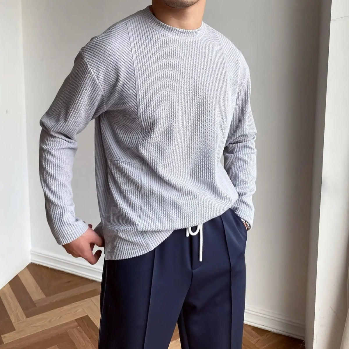 Pull homme col rond texturé, coloris Gris