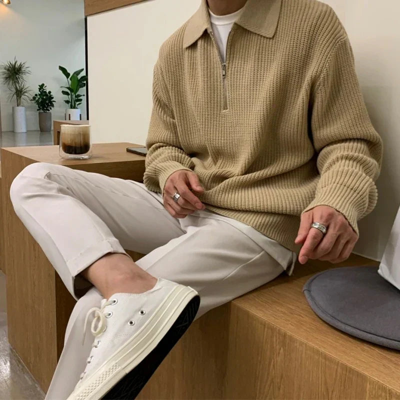 Pull homme col zippé, coloris Kaki