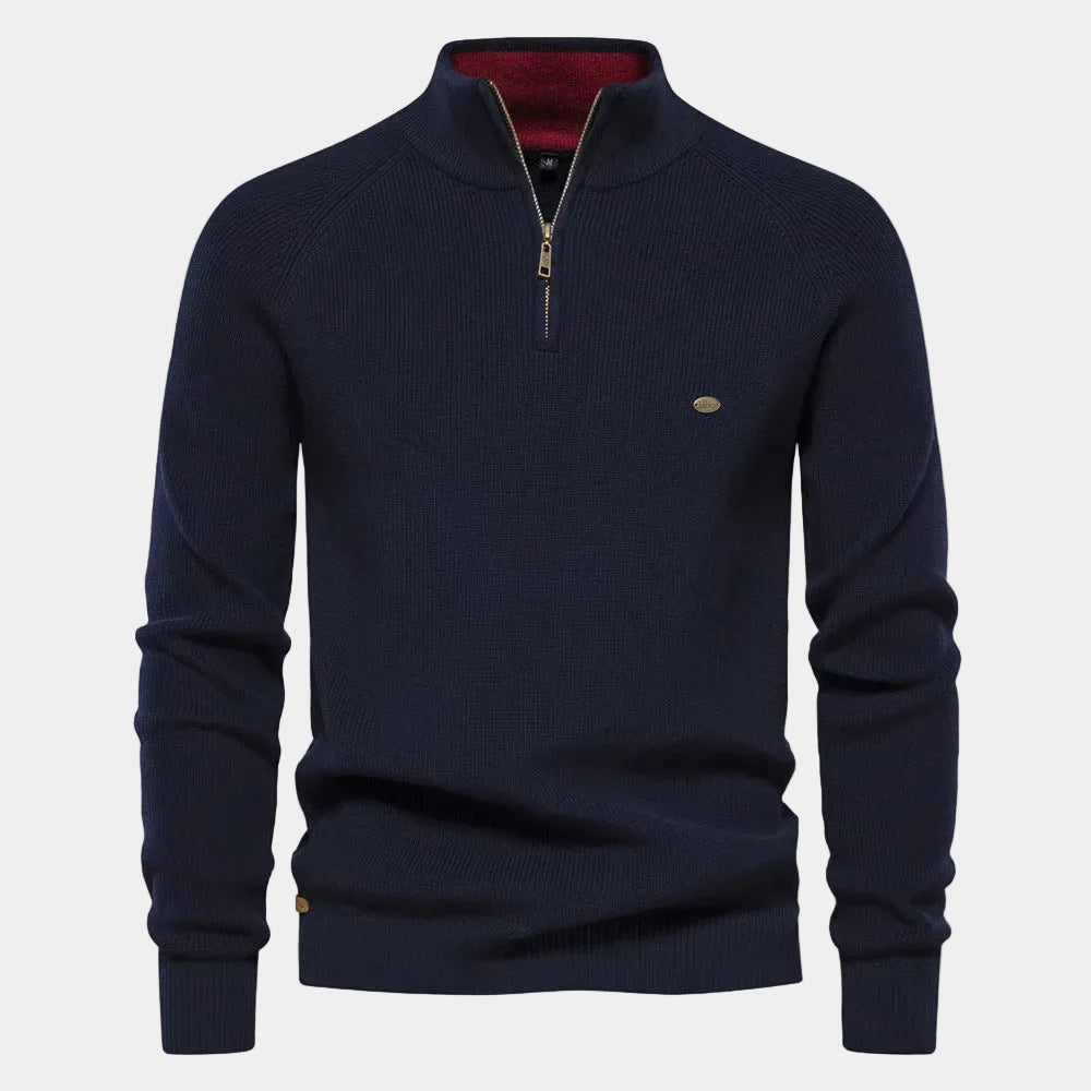 Pull homme col montant zippé, coloris Bleu marine