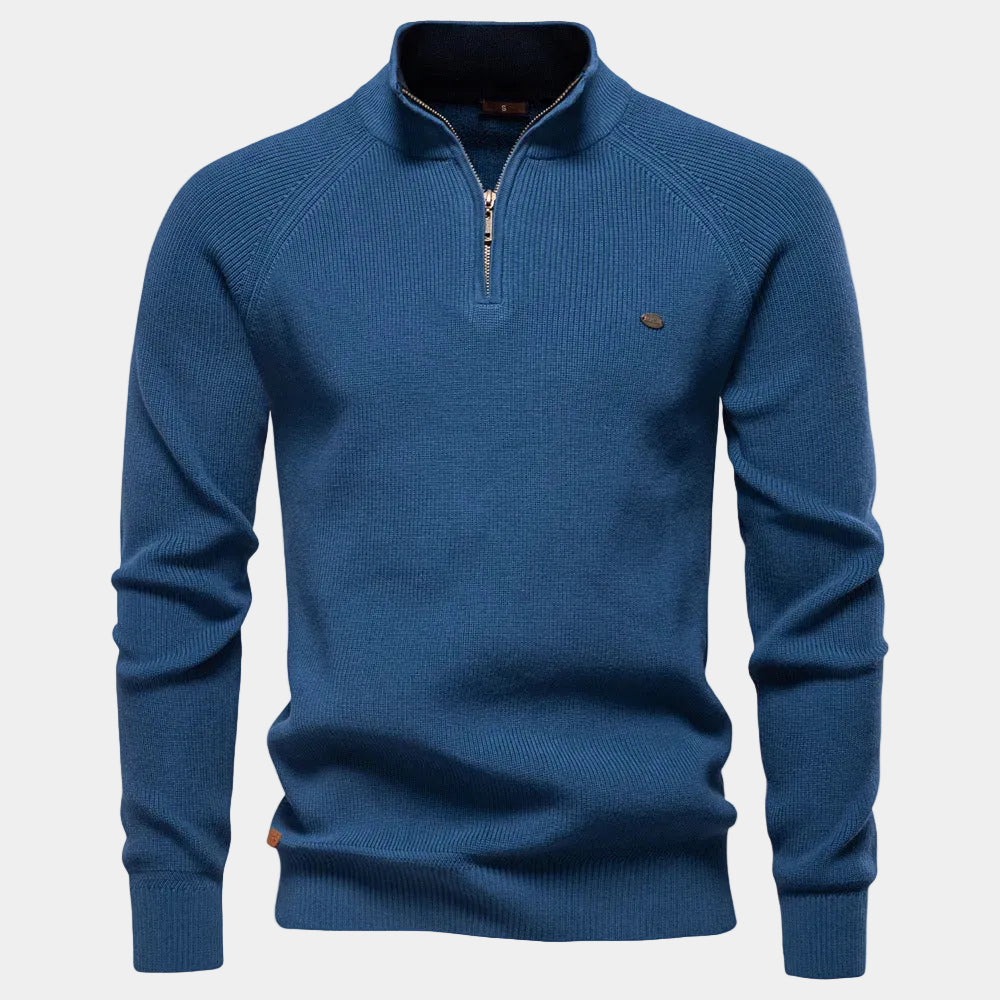 Pull homme col montant zippé, coloris Bleu
