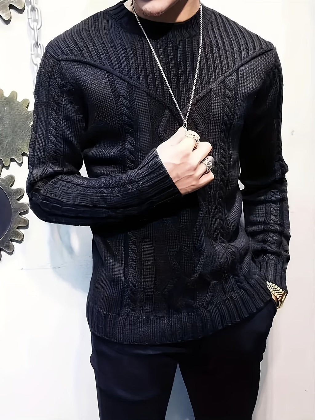 Pull Homme en Maille Texturée, coloris Noir, vue 2