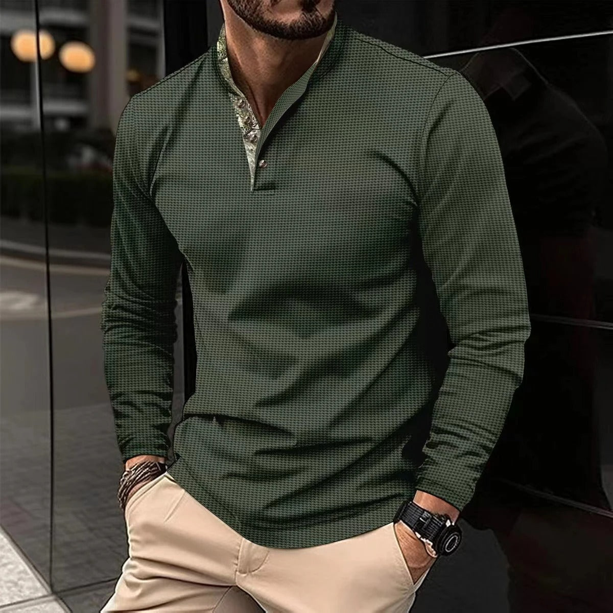 Chemise Henley à Manches Longues pour Homme, coloris Vert armée