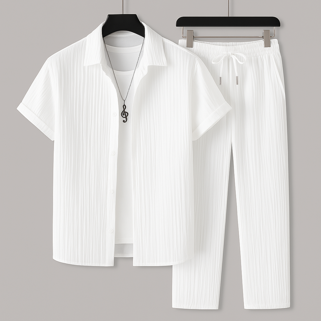 Ensemble homme effet lin chemise et pantalon a cordon, coloris Blanc